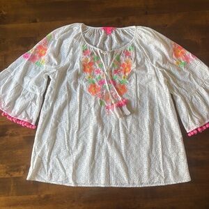 Lilly Pulitzer White Blouse with Pink and Orange Embroidery